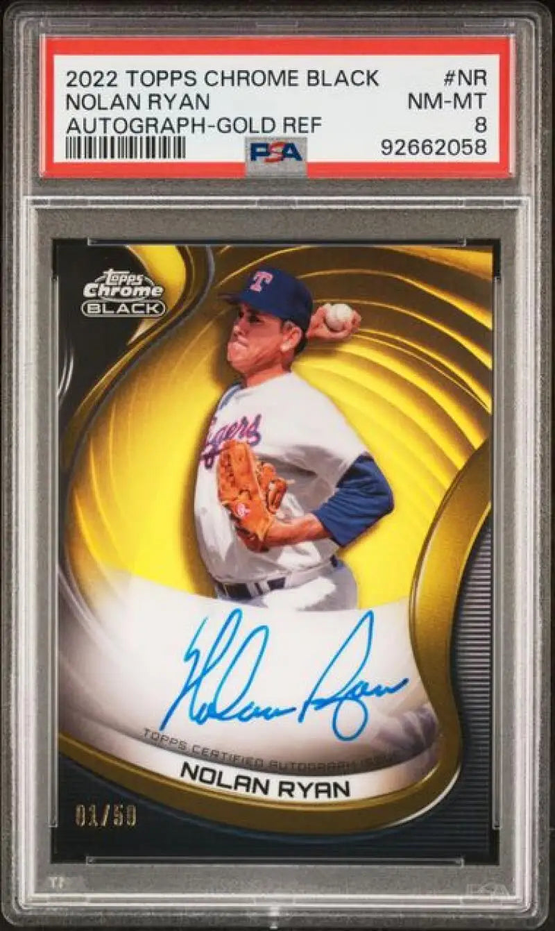 PSA-graded Nolan Ryan 2022 Topps Chrome Black Refractor autographed baseball card 01/25