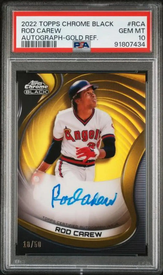 PSA 10 GEM MINT Rod Carew signed 2022 Topps Chrome Black Refractor Gold baseball card