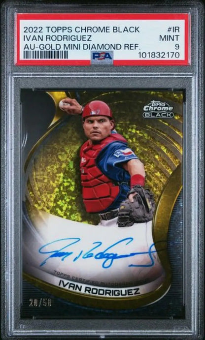 Graded Ivan Rodriguez Texas Rangers Black Refractor Gold Mini-Diamond Baseball Card