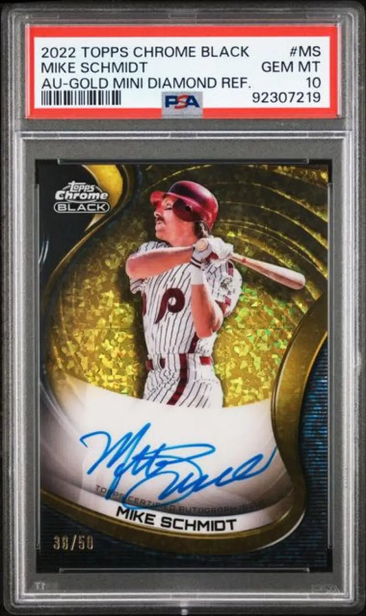 PSA 10 Mike Schmidt autographed 2022 Topps Chrome Black Refractor baseball card 38/50