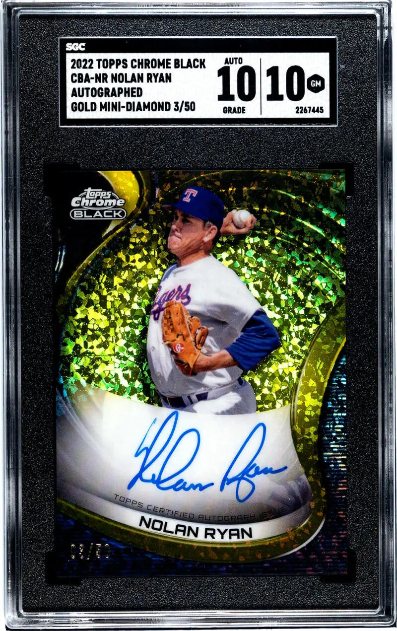 Graded 2020 Topps Chrome Black Nolan Ryan autographed card, Texas Rangers, gold-green prismatic background