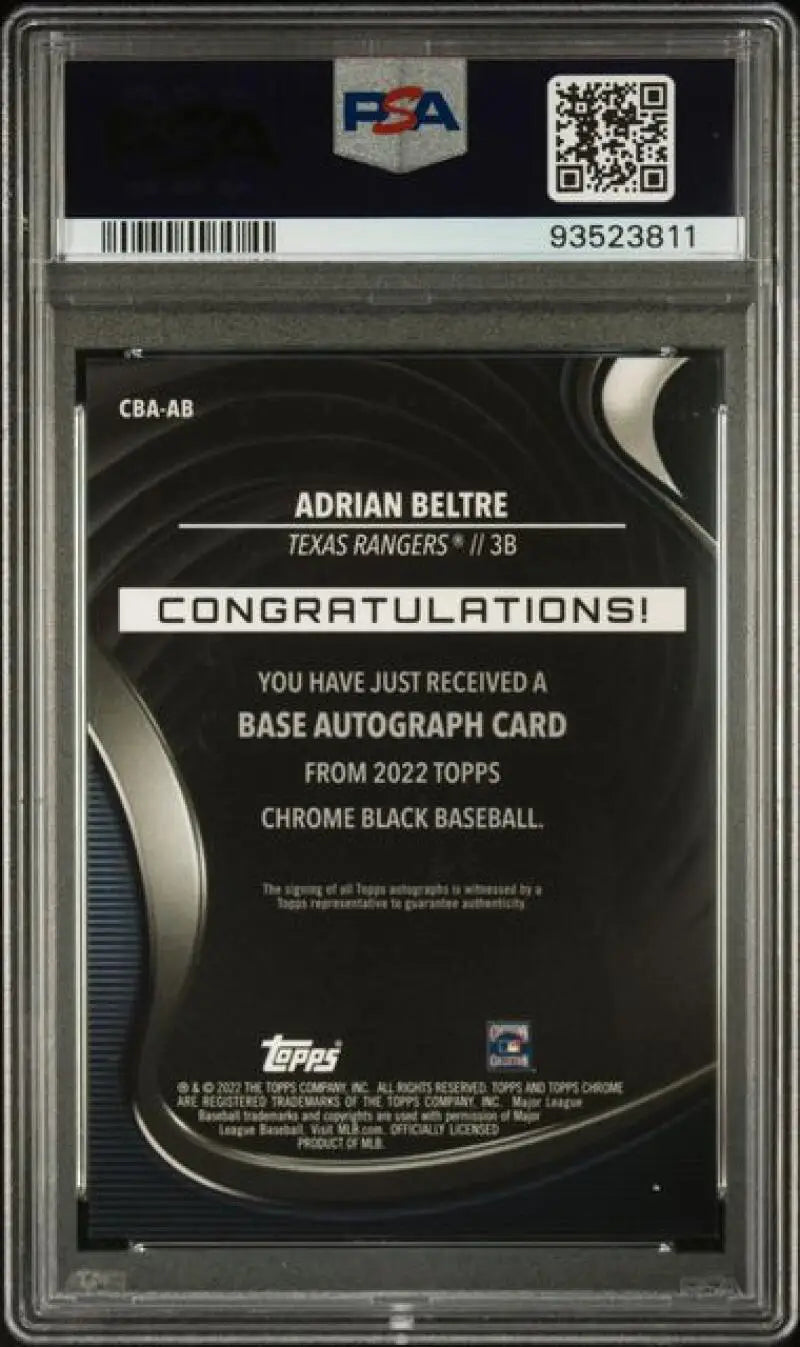 PSA-graded Topps Chrome Black autograph redemption card for Adrian Beltre baseball card