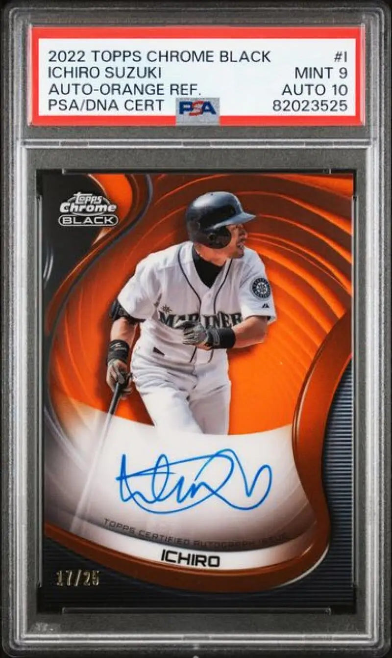 PSA 9 MINT Autographed Ichiro 2022 Topps Chrome Black Refractor Orange Baseball Card