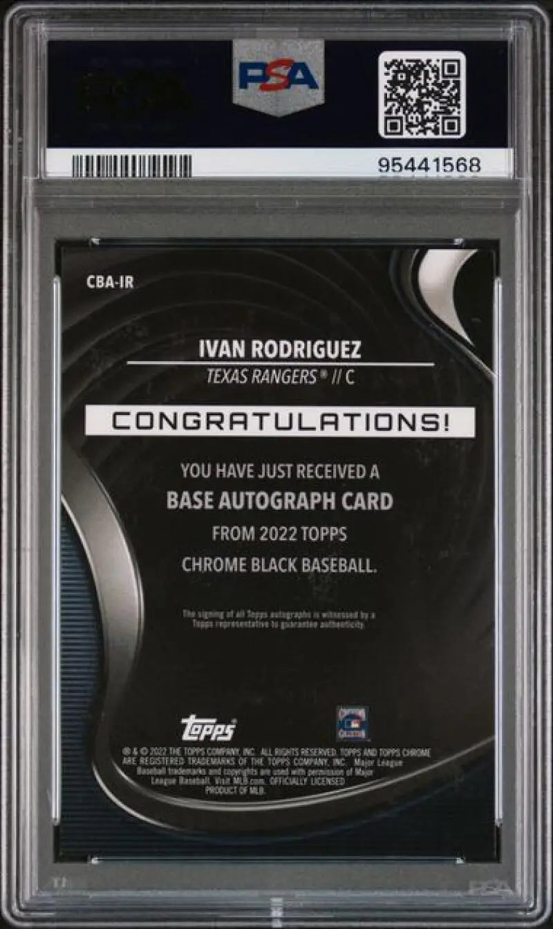 PSA-graded Topps Chrome Black Refractor Orange Ivan Rodriguez baseball card back view