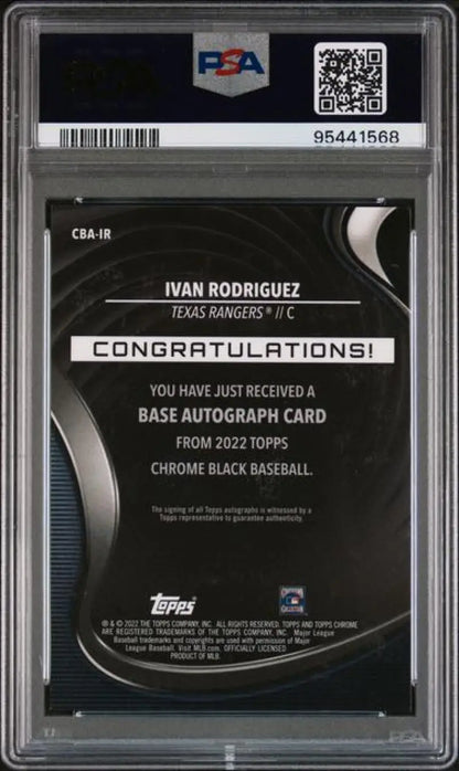 PSA-graded Topps Chrome Black Refractor Orange Ivan Rodriguez baseball card back view