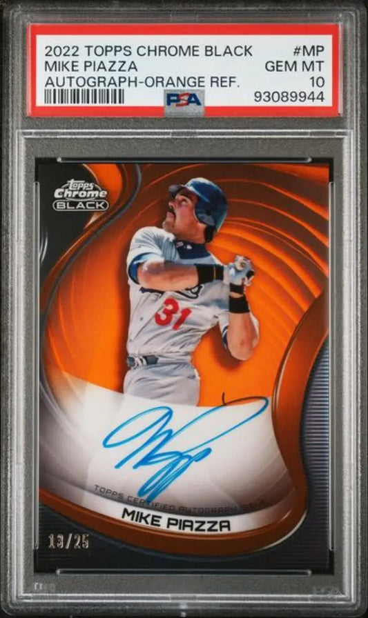 PSA 10 GEM MINT Mike Piazza Topps Chrome Black Refractor Orange #CBA-MP 13/25 Baseball Card