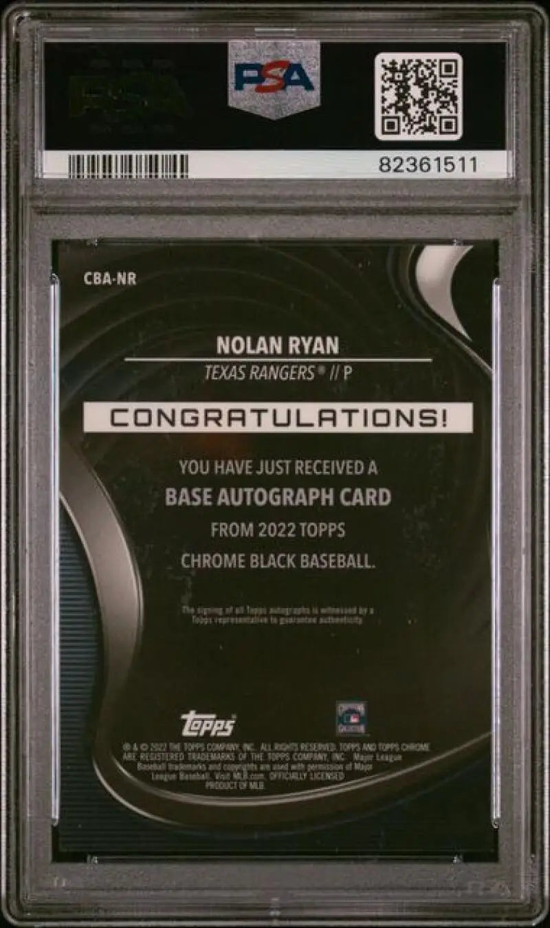 Back of 2022 Topps Chrome Black Refractor Orange Nolan Ryan PSA 9 Texas Rangers Auto Card