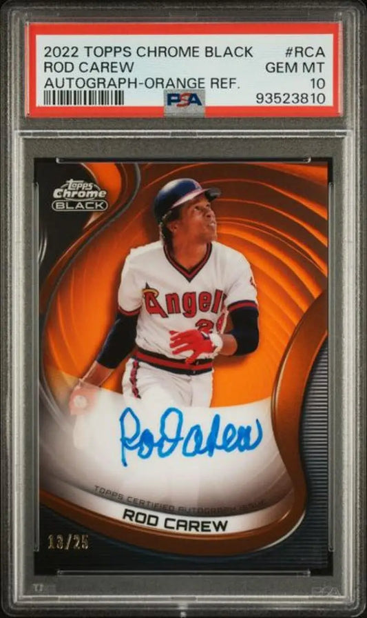 PSA 10 GEM MINT Rod Carew 2022 Topps Chrome Black Refractor Orange Auto 13/25 Baseball Card