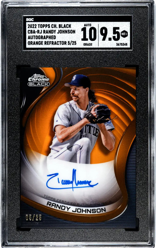 Graded Randy Johnson Seattle Mariners baseball card with orange swirl design and autograph