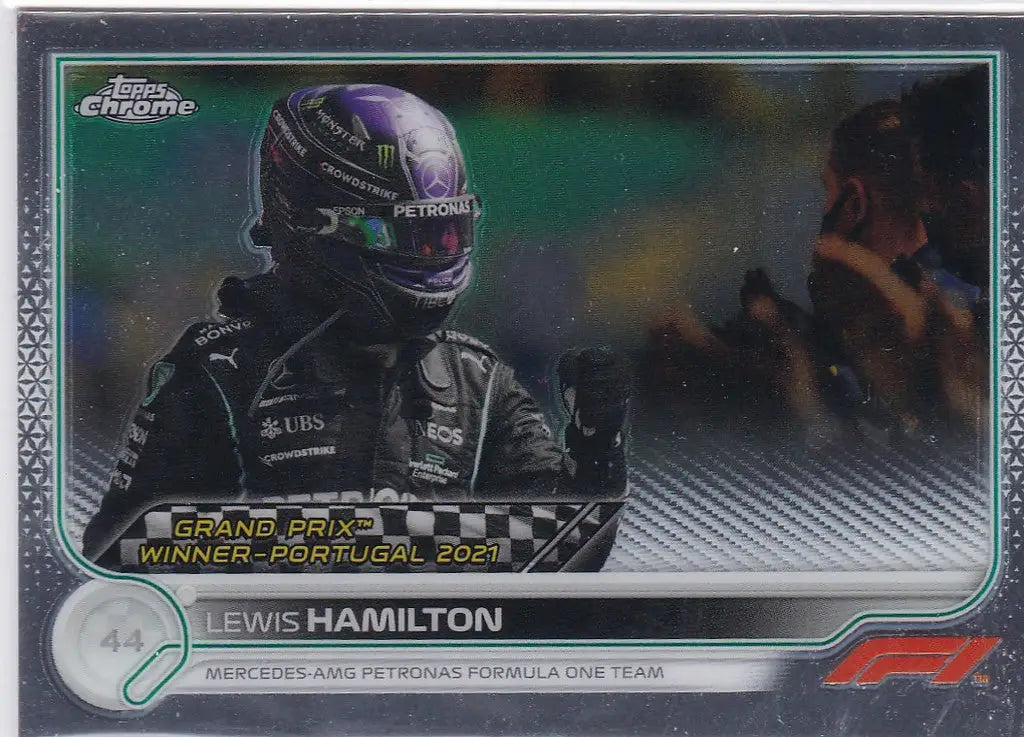 2022 Topps Chrome F1 Formula One Racing card featuring Lewis Hamilton in Mercedes suit