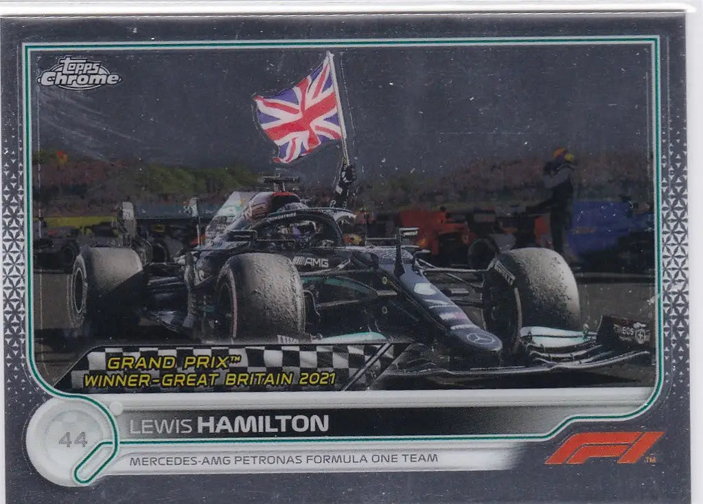 Formula 1 race car with British flag in cockpit, Topps Chrome Lewis Hamilton Mercedes