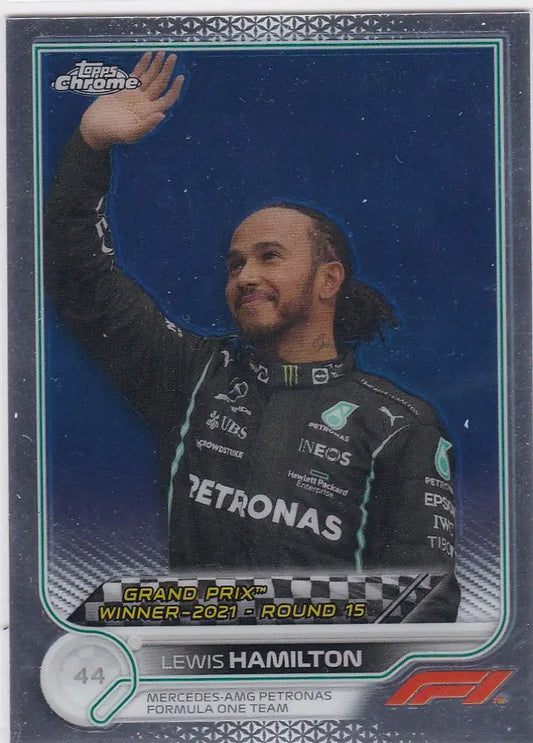 Trading card of Lewis Hamilton in Petronas suit from Topps Chrome F1 Formula collection