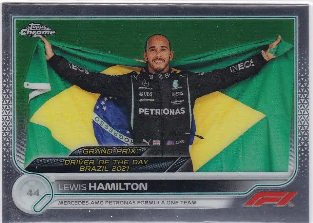 Trading card of Lewis Hamilton celebrating with the Brazilian flag in Topps Chrome F1 Formula