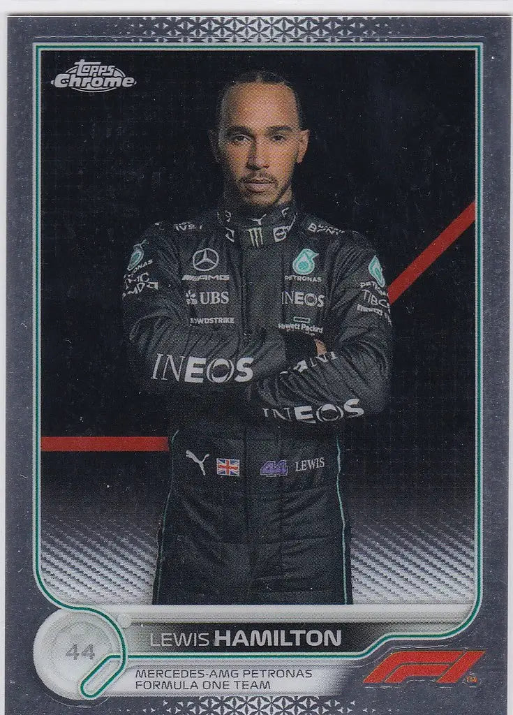 2022 Topps Chrome F1 Formula One trading card of Lewis Hamilton in Mercedes uniform