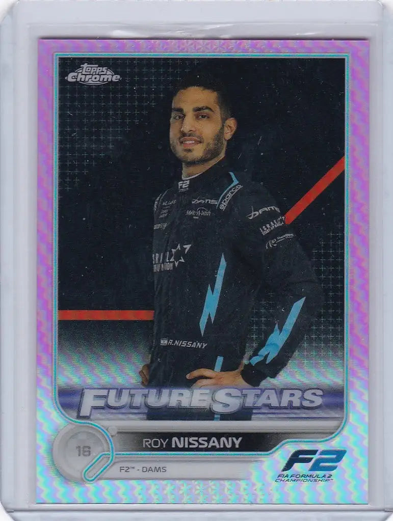 Trading card of Roy Nissany in black and blue uniform from 2022 Topps Chrome F1 Formula