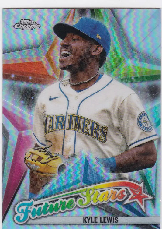 2022 Topps Chrome Kyle Lewis Future Stars Seattle Mariners card, smiling in white jersey