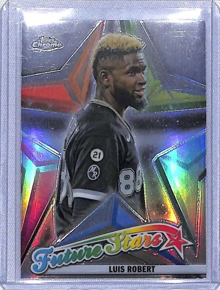 Chrome baseball trading card of Luis Robert from Topps Chrome Future Stars with holographic effects