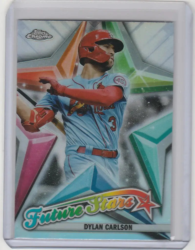 Baseball trading card of FS4 Dylan Carlson in light blue uniform from Topps Chrome Future