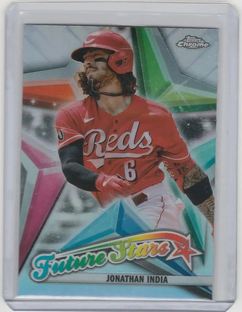 Baseball trading card of FS5 Jonathan India in red uniform for Topps Chrome Future Stars