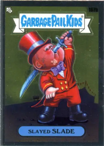 Garbage Pail Kids trading card of Slayed Slade in a red suit and top hat with sword