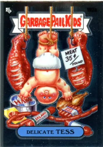 Grotesque baby character in chef hat with raw meat and butcher tools from Garbage Pail Kids