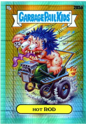 Hot Rod character with blue hair racing custom car in Topps Chrome Garbage Pail Kids card