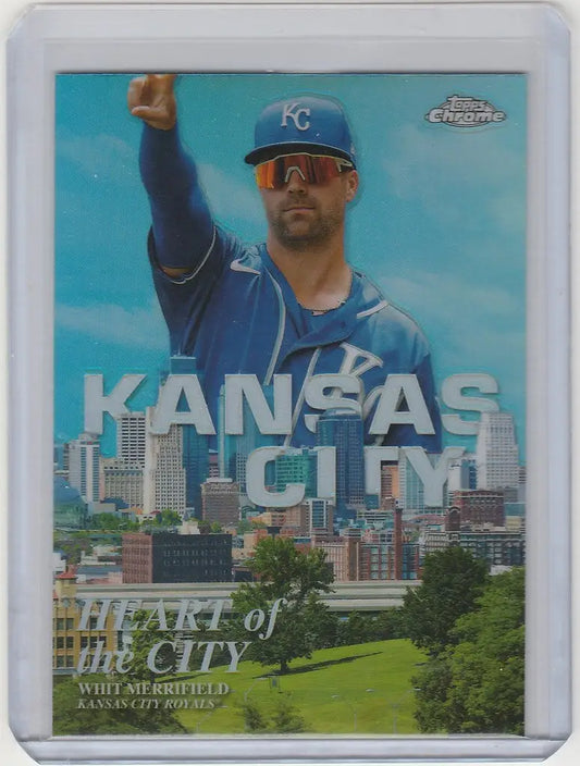 Baseball card of HOC10 Whit Merrifield, Kansas City Royals with skyline background