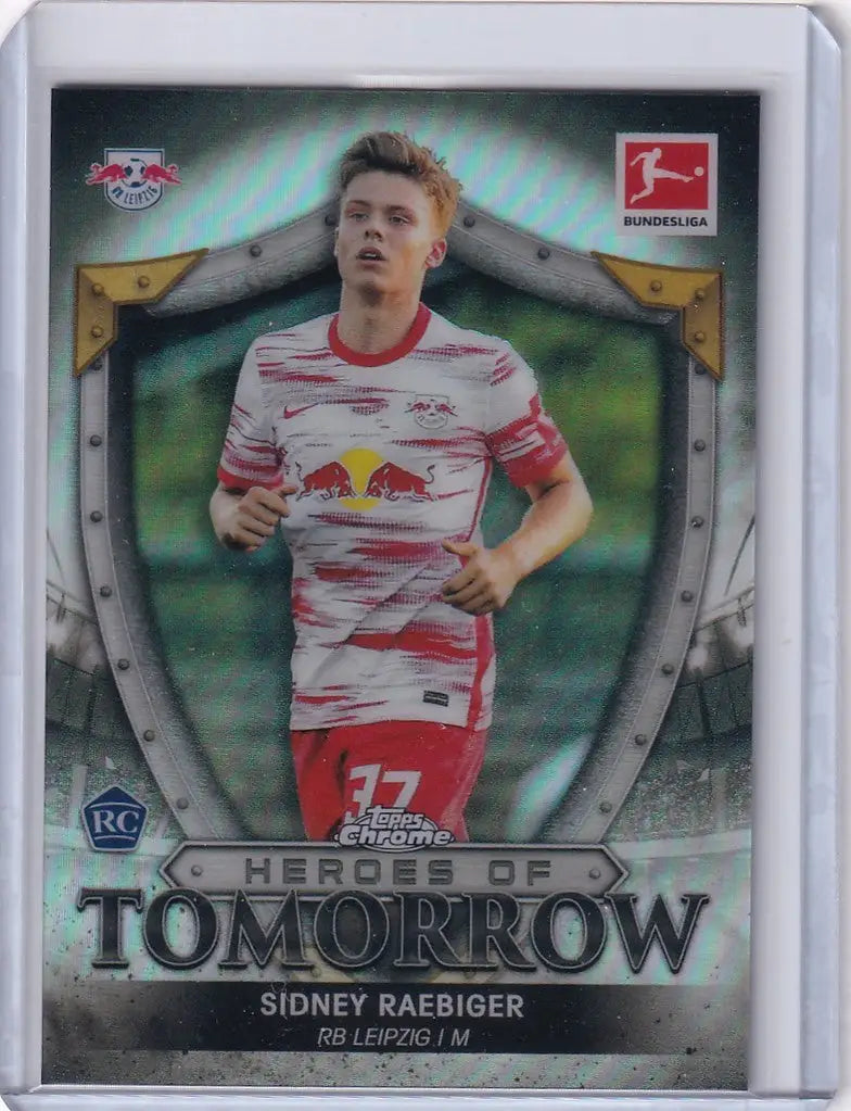 Soccer trading card of Sidney Raebiger in red and white striped jersey, Topps Chrome Heroes