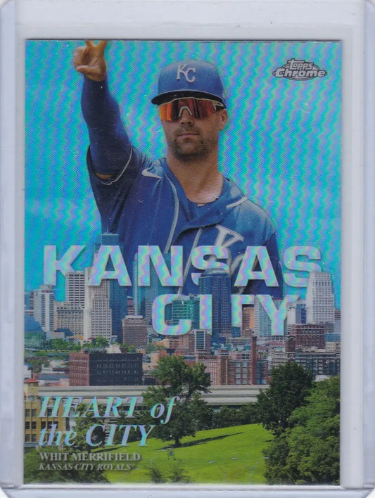 Baseball card of Whit Merrifield Heart, Kansas City Royals against city Kansas City skyline