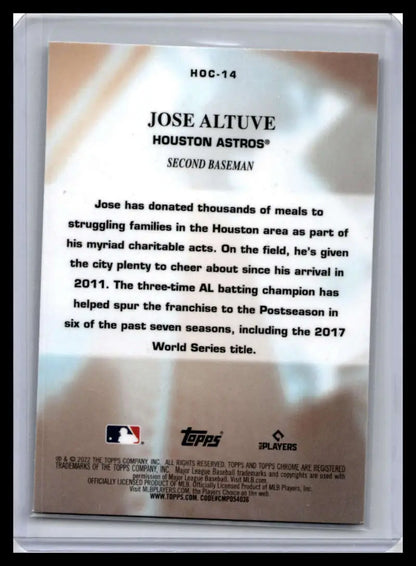 Baseball card featuring Jose Altuve and his charitable contributions, Topps Chrome