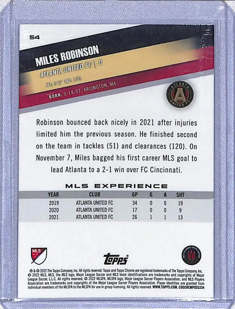 Miles Robinson Atlanta United trading card featuring Topps Chrome MLS statistics and info