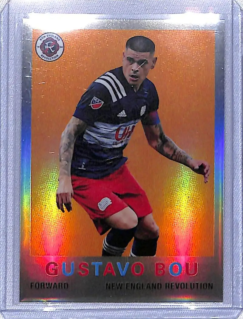 Holographic Topps Chrome card of Gustavo Bou from New England Revolution in dark jersey