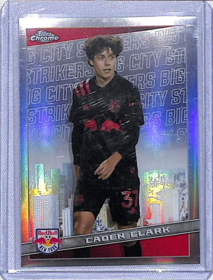 Holographic soccer trading card of New York Red Bulls player Caden Clark in black and red