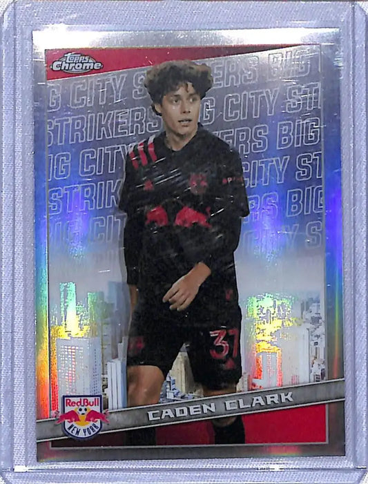 Holographic soccer trading card of New York Red Bulls player Caden Clark in black and red