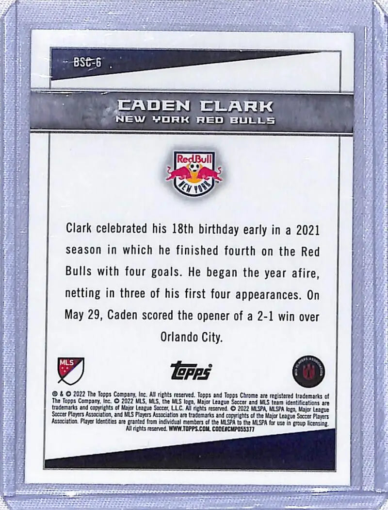 Trading card of New York Red Bulls player Caden Clark highlighting his birthday and stats