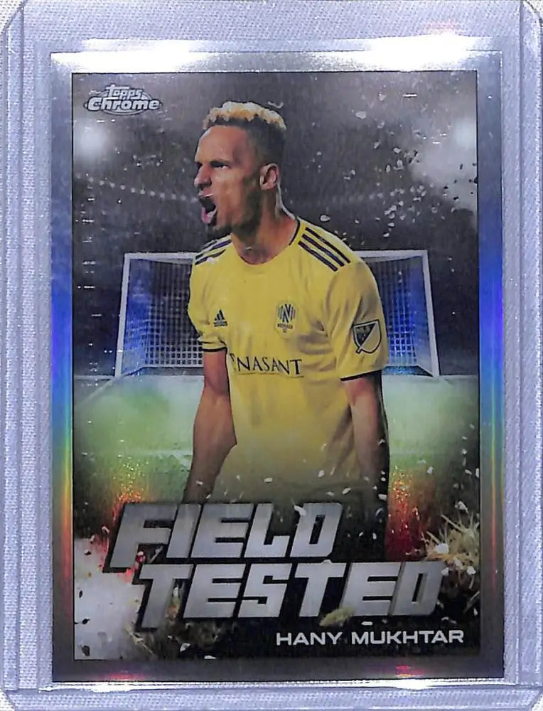 Chrome soccer trading card of a player in a yellow Ukraine jersey from Topps Chrome MLS