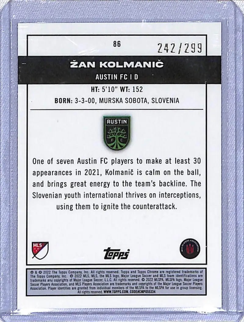 Zan Kolmanic trading card showcasing player stats and Austin FC team crest, Topps Chrome MLS