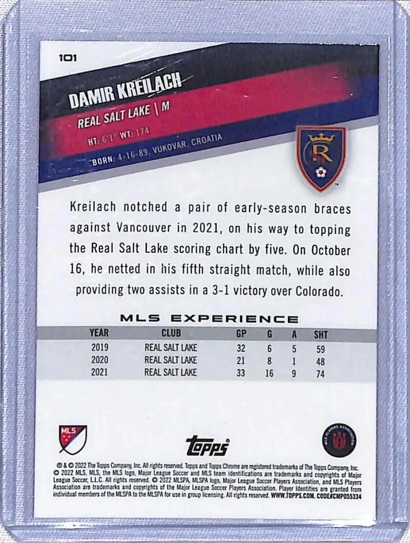 Damir Kreilach trading card from Topps Chrome MLS showcasing player stats and info