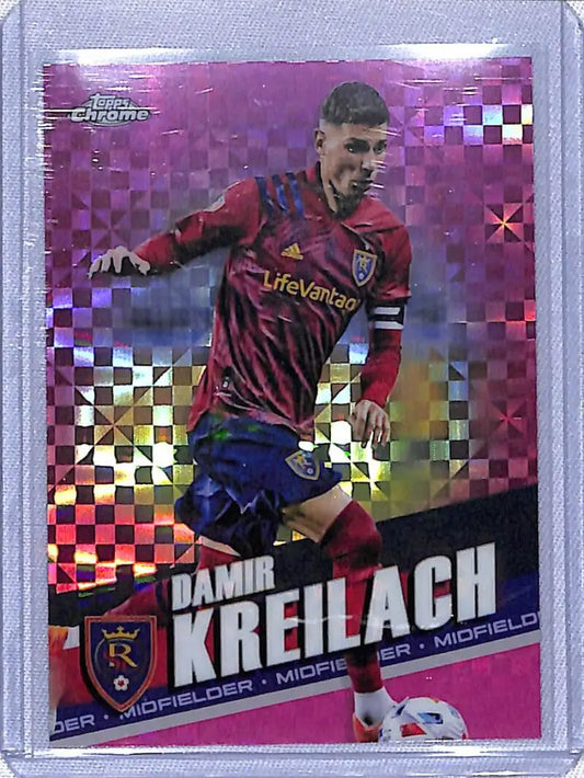 Pink and purple chrome Topps Chrome MLS card of Damir Kreilach from Real Salt Lake