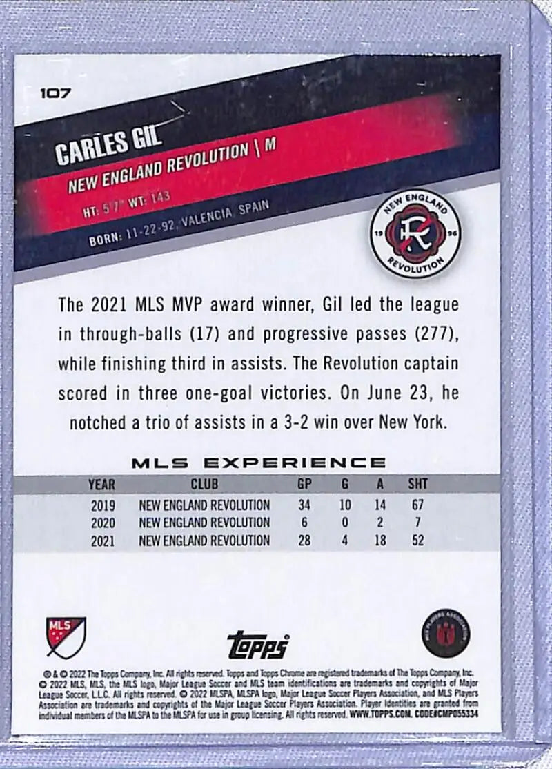 Soccer trading card of Carles Gil featuring statistics from Topps Chrome MLS New England Revolution