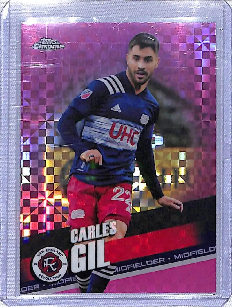 Pink and purple chrome-effect Topps Chrome MLS card of Carles Gil, New England Revolution player