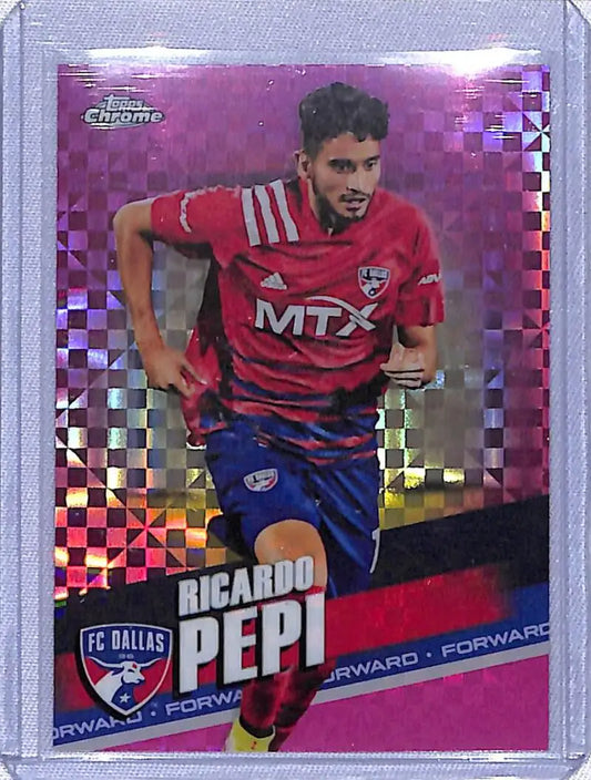 Topps Chrome MLS soccer card of FC Dallas player Ricardo Pepi in red jersey