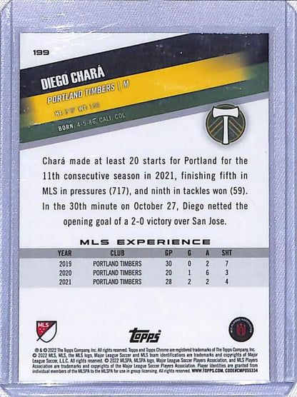 2022 Topps Chrome MLS Soccer card of Diego Chara showcasing stats and highlights