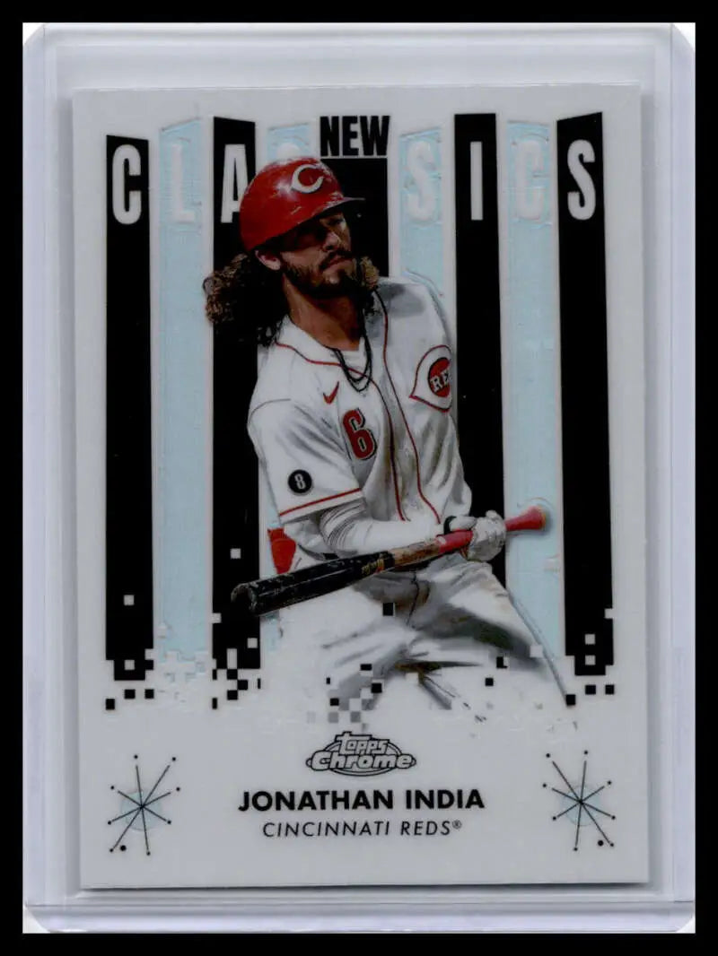 Baseball card of Jonathan India in a white uniform and red cap for Cincinnati Reds Topps Chrome