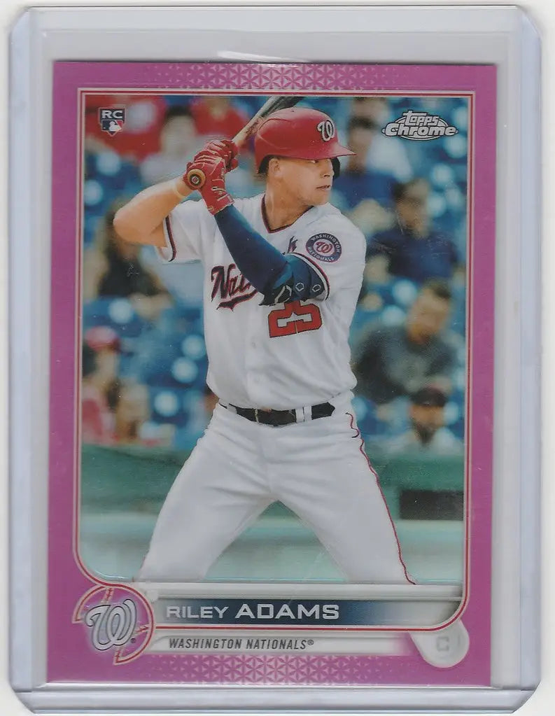 Baseball card of Riley Adams in batting stance for Washington Nationals Topps Chrome Pink