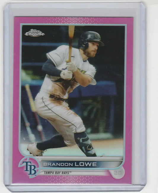 Baseball card of Brandon Lowe in white uniform for Topps Chrome Pink Tampa Bay Rays