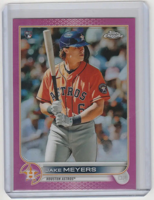 Baseball card of Jake Meyers in orange Houston Astros jersey from Topps Chrome Pink