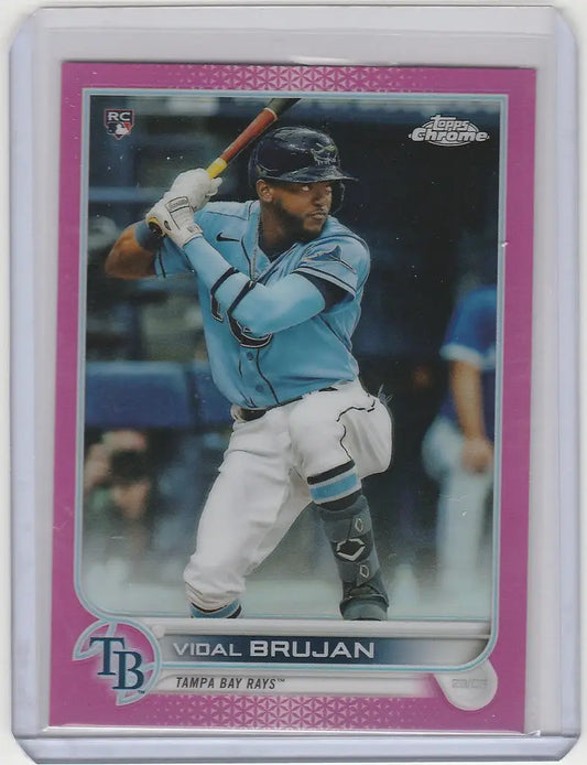 Baseball card of Vidal Brujan in batting stance for Topps Chrome Pink Tampa Bay Rays RC