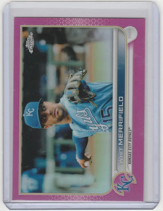 Baseball card of a Tampa Bay Rays pitcher in light blue, Topps Chrome Pink design