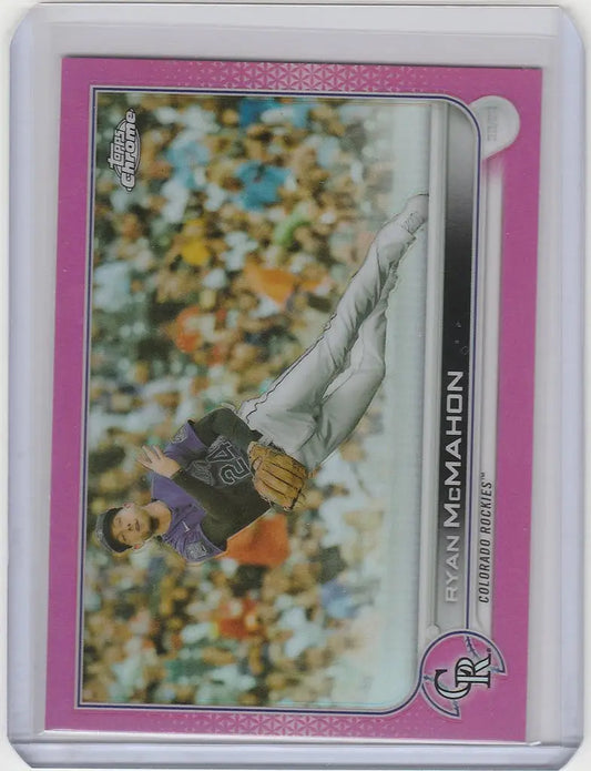 Baseball trading card of Ryan McMahon pitching on a Topps Chrome Pink background